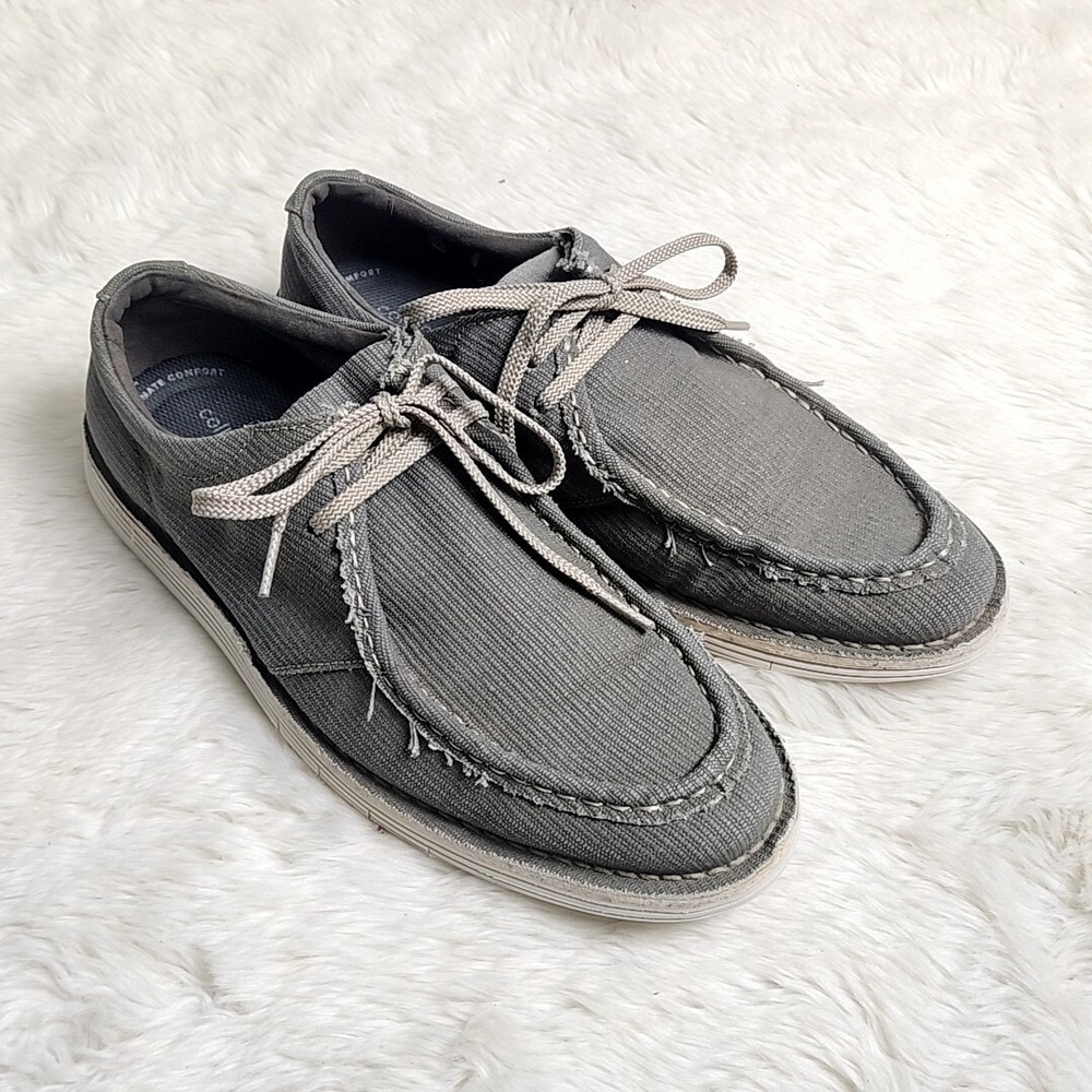 Clarks Boat Shoes Mens 10 Grey Canvas Lace Up Moc Toe Casual Coastal Preppy